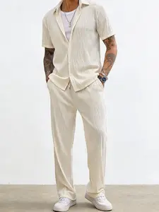 ZAFUL Men's Casual Solid Color Wavy Textured Button Up Short Sleeves Shirt And Slant Pockets Drawstring Straight Leg Pants Set business