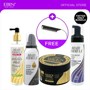 EBIN Braid Formula Lock'n Shine + Braid Formula Setting Mousse (Calming & Shine-Rosemary Mint) + Dr. Feel Cool Anti-itch Spray (Rosemary Mint + Biotin) + Tension Relief Foaming Lotion (Peppermint+Aloe) Bundle with FREE Pintail Parting Carbon Comb