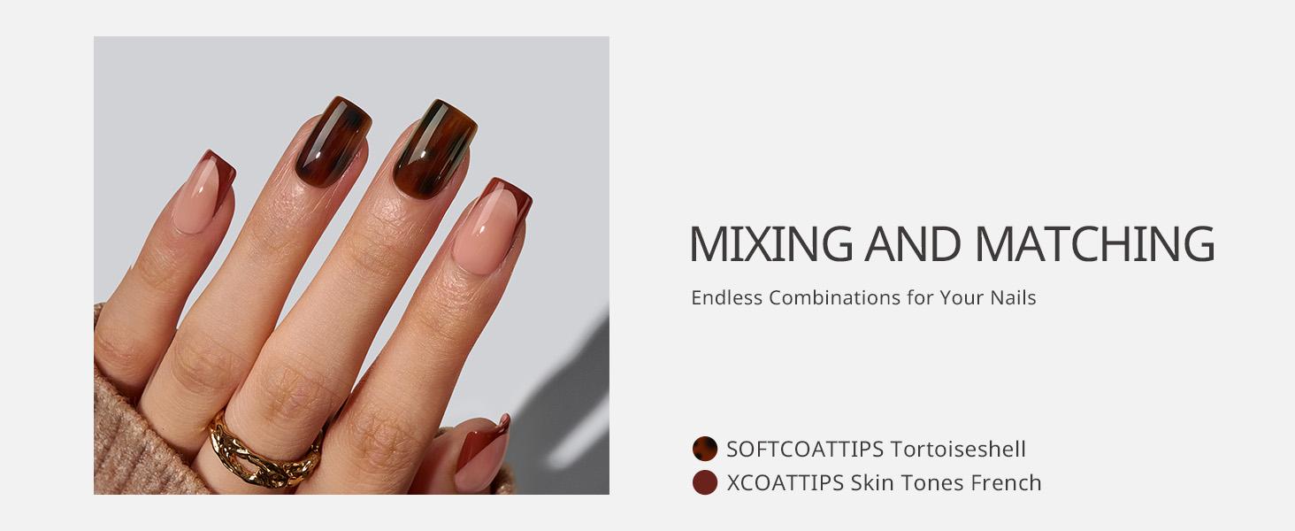 BTArtboxnails XCOATTIPS Press on Nails - 96pcs Tortoise Shell Collection Square or Almond or Coffin Stiletto and Oval Tips, Tortoise Shell Collection Soft Gel False Nail, Soak Off Acrylic Fake Nails Extensions