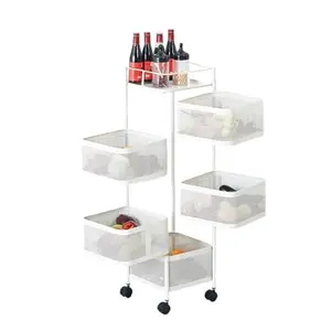 5-Tier Rotating Fruit and Vegetable Basket, Large Capacity Metal Storage Organizer, Sturdy Breathable Wire Kitchen Rack with Wheels, No Assembly Needed, White