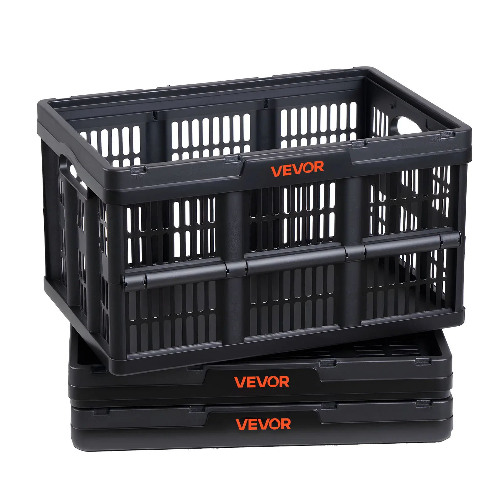 VEVOR Durable Plastic Collapsible Storage Boxes, 3-Pack 45L Stackable Folding Crates with Handles, 33 lbs Capacity Per Bin, Space-Saving Household Home Organizer for Home Use