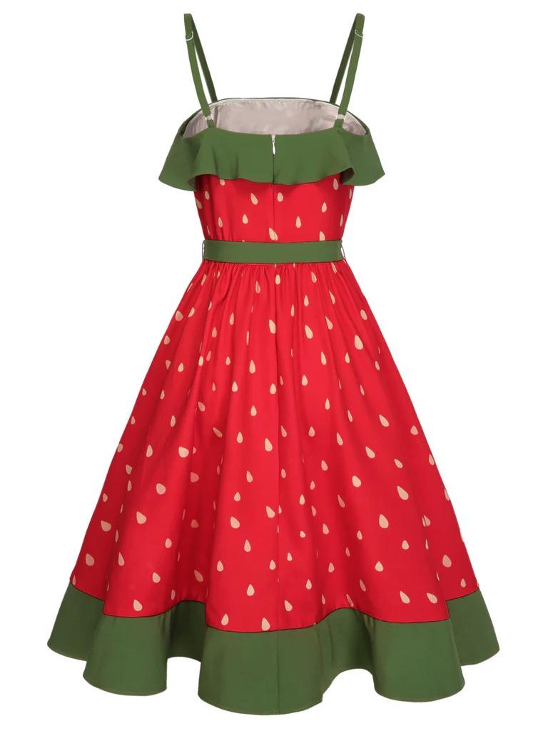 RED 1950S STRAWBERRY RUFFLE BELT DRESS Casual Boho Bohemian Sleeveless Spaghetti Strap Womenswear