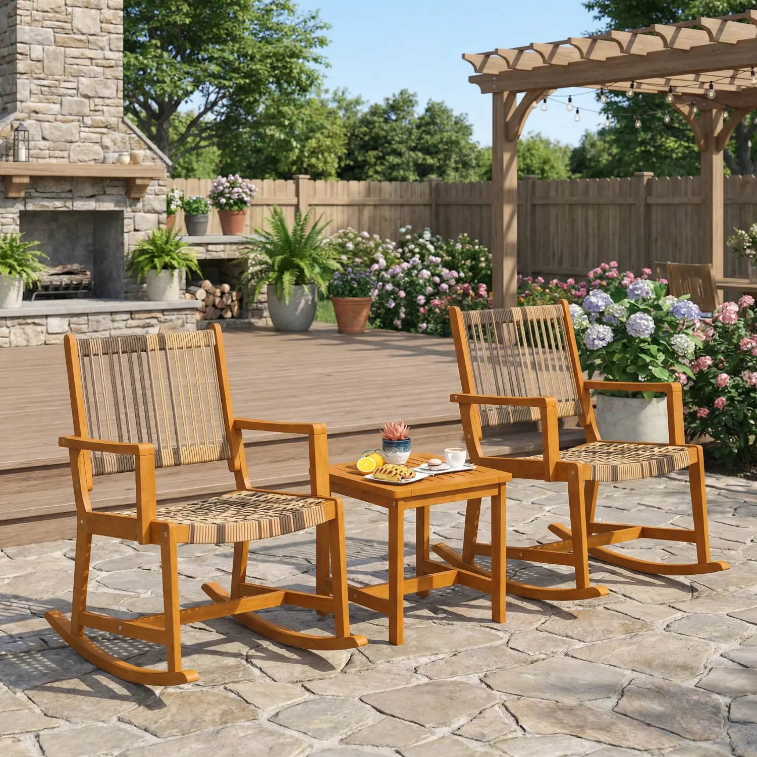 Spaco 3-Piece Wicker Outdoor Conversation Furniture Set - Ergonomic Acacia Wood Rocking Bistro Chairs with Rattan Seat, Back & Armrest for Porch, Backyard Relaxation, Wicker Patio Furniture