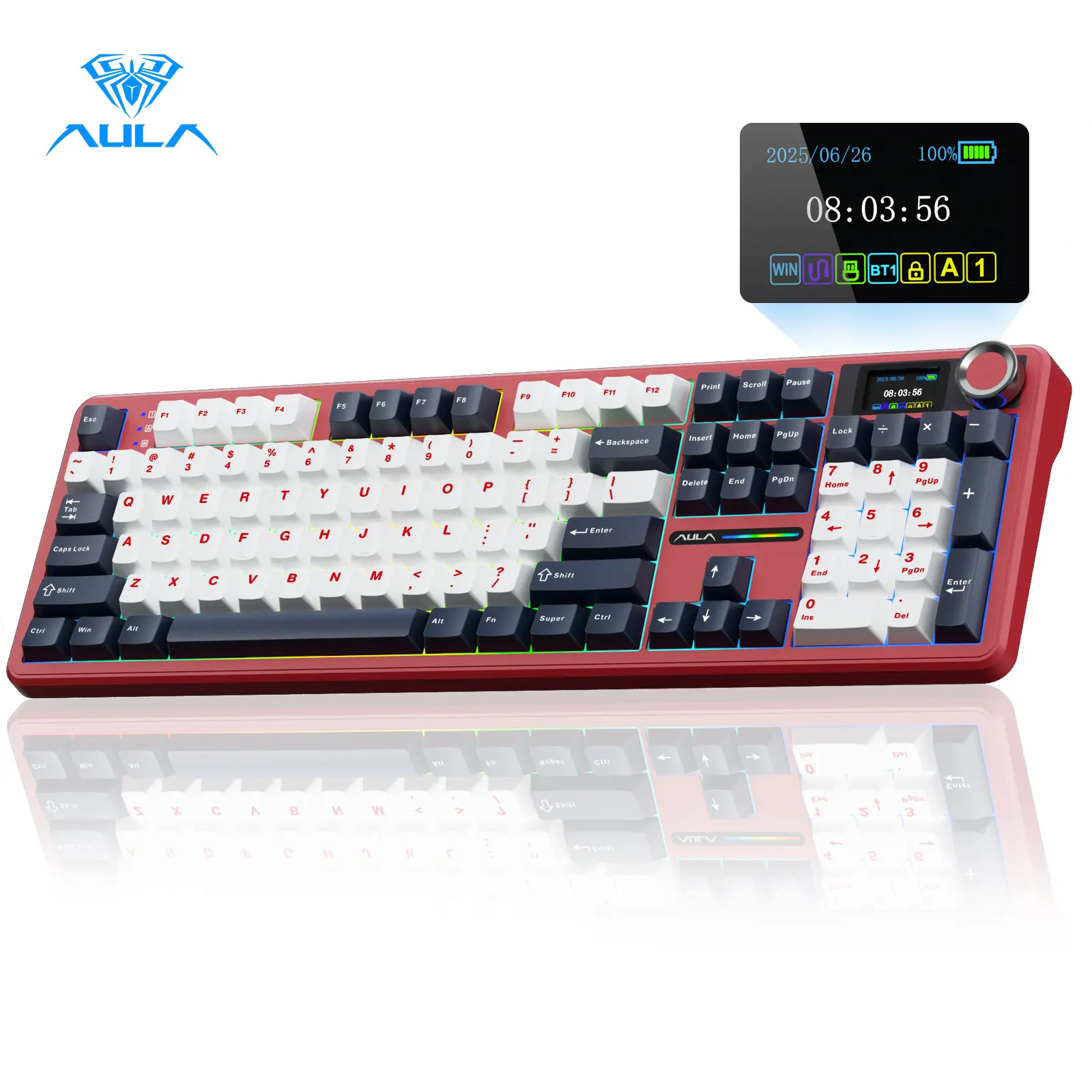 [Pink Restock]AULA F108 Pro Wireless Mechanical Keyboard, Full Size Gaming Keyboard with Smart Screen, Knob, Creamy Typing, Tri-Mode Connection, RGB Backlit, Hot Swappable Keyboard for Work and Gaming, Red Fathersdaygift,back to school,back to school haul