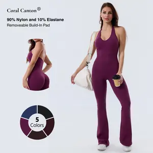 Coral Canton Backless Halter Top Sport Jumpsuit Bodycon Flared Legs