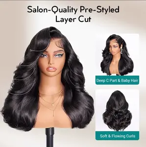[Salon-Quality] Trendy Butterfly Cut Face- Framing Peacock Curls Pull Go 13x6 Full Glueless Lace Front Wig Pre-Styled Heavy Layers Cut Body Wave Natural hairline Human Hair 250% Density Wave Wig