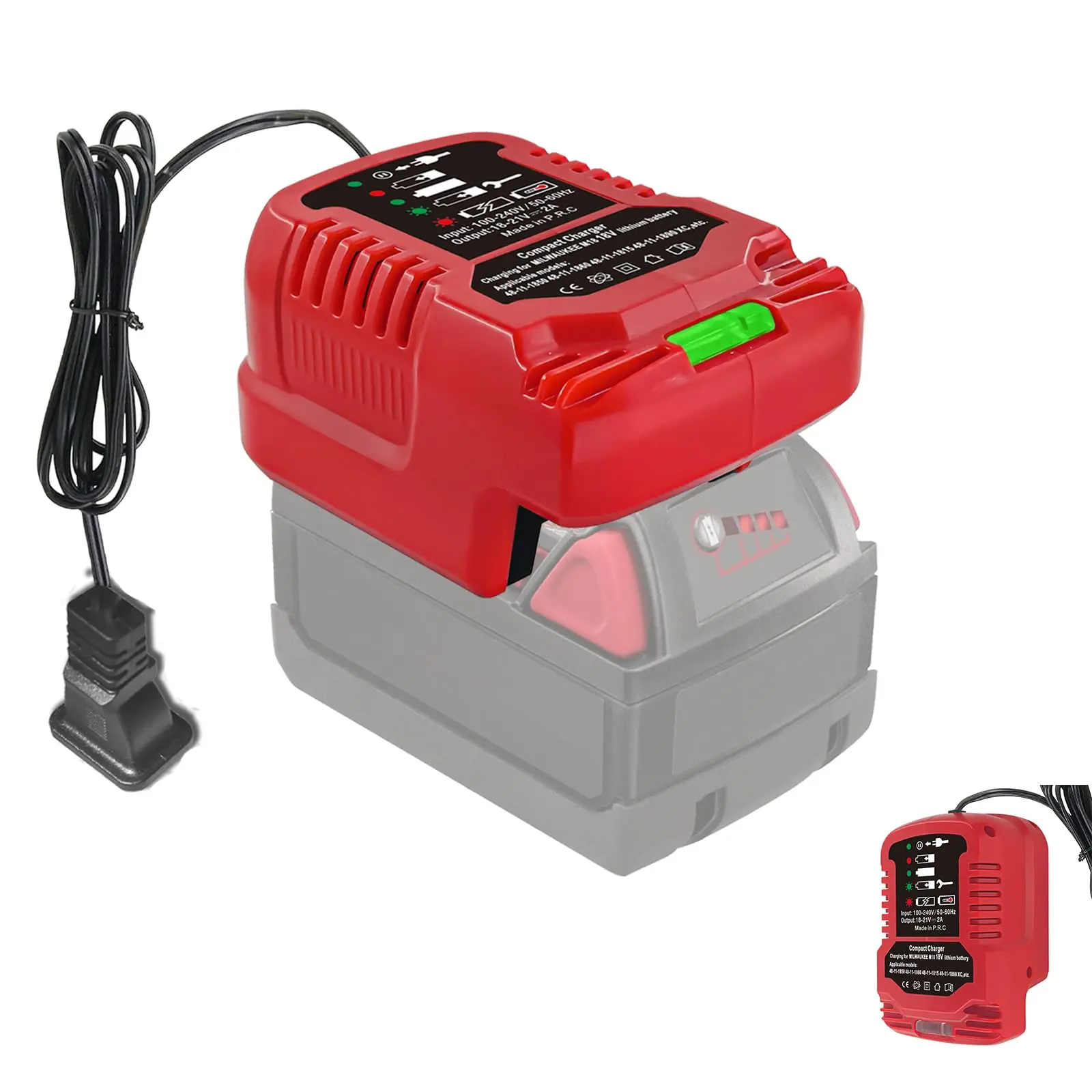 Compact Battery Charger Compatible with for Milwaukee M18 18V Lithium-Ion Batteries, 100-240V Input, 2A Output, LED Status (Charger Only)