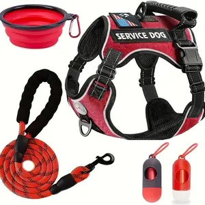 Reflective Service Dog Harness Set for Medium Large Dogs with Leash Water Bowl Poop Bag Holder No Pull Heavy Duty Comfort Adjustable Outdoor Walking Running