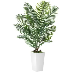 ROMSWI 5FT 6FT Artificial Palm Tree with White Planter, Lifelike Golden Cane Palm Tree, Tropical Fake Tree for Outdoor Indoor Decor