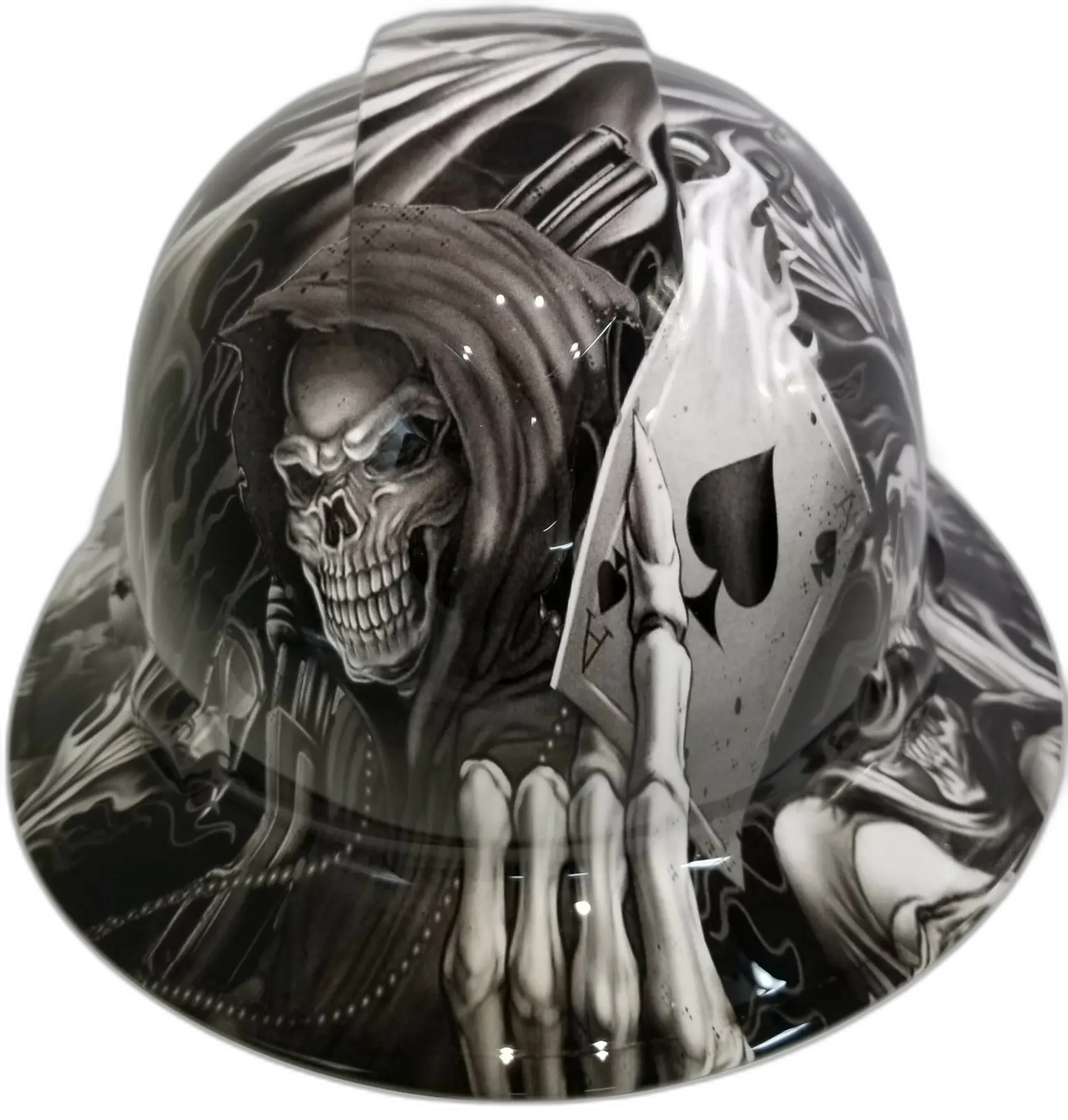 Grayscale Reaper Ace of Spades - Custom Hydro Dipped Full Brim Hard Hat