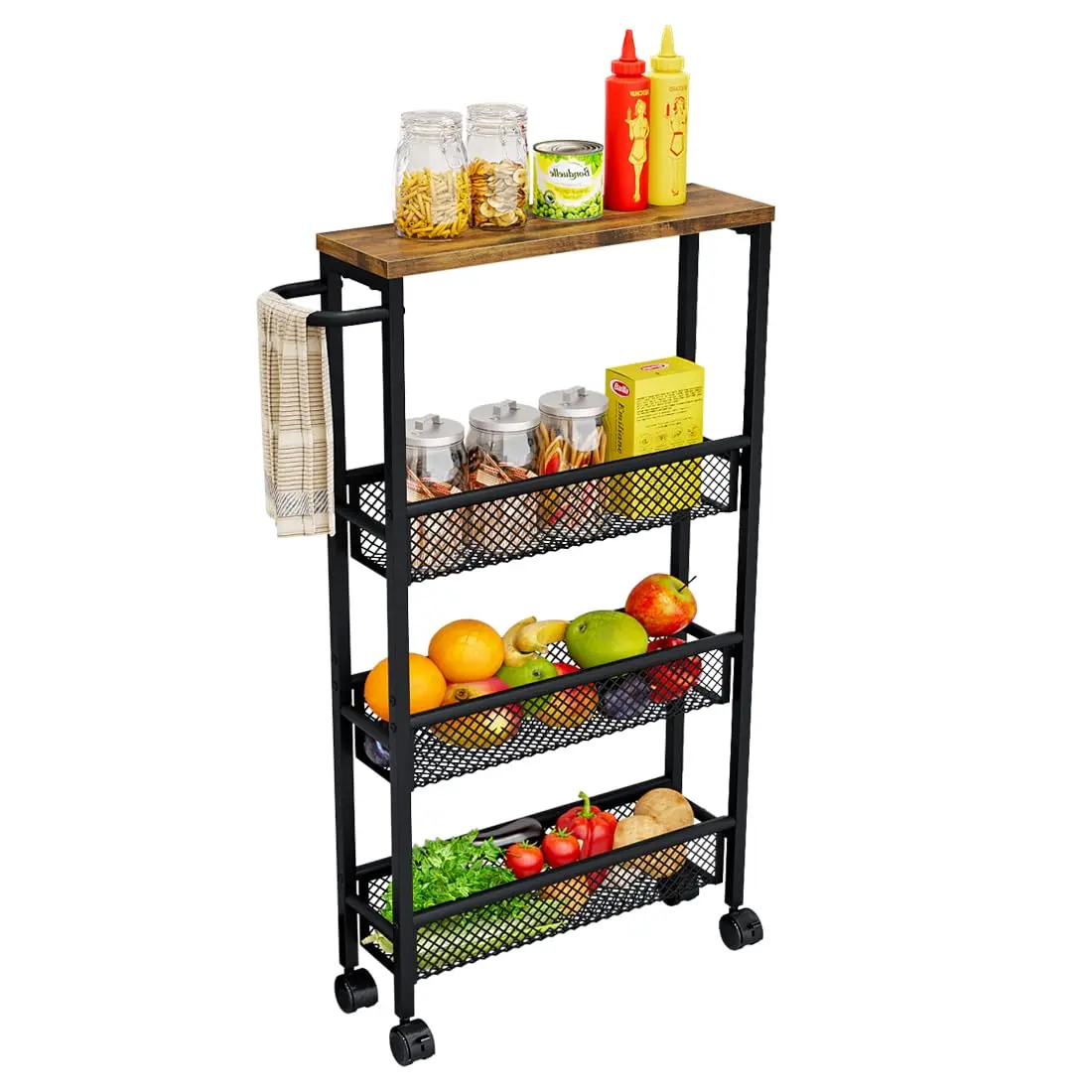 Slim Rolling Cart 4/5 Tier Narrow Storage Cart on Wheels with MDF Board Top and Metal Handle for Small Space Kitchen Living Room Home Office Pantry Bathroom Laundry Room Mother's Day,dorm room inspo,college dorm essentials,dorm haul