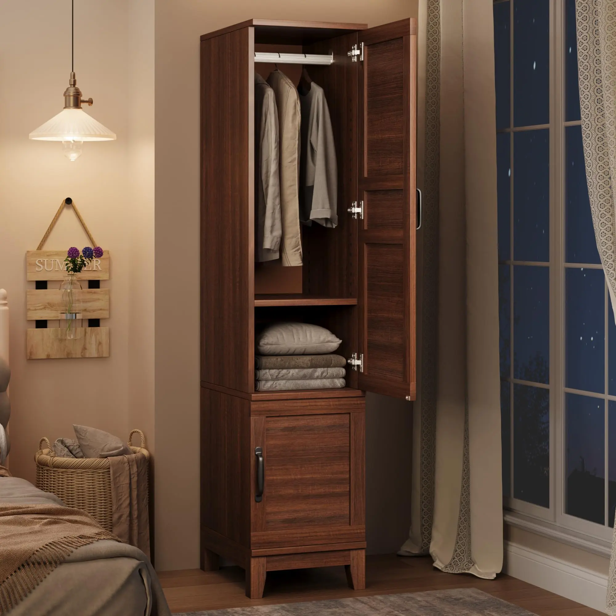 Armoire Wardrobe  bedroom Closet with 2 Doors, Wooden Wardrobe Cabinet, 72 in Narrow Tall Clothing Armoire Cabinet with 18 Adjustable Shelves, Walnut