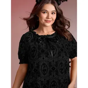 【Summer Turn-Up】BlOOMCHIC Plus Size Women's Flocked Texture Shirred Contrast Blouse [M-6X] 2026 Summer Pick for Mother's Day