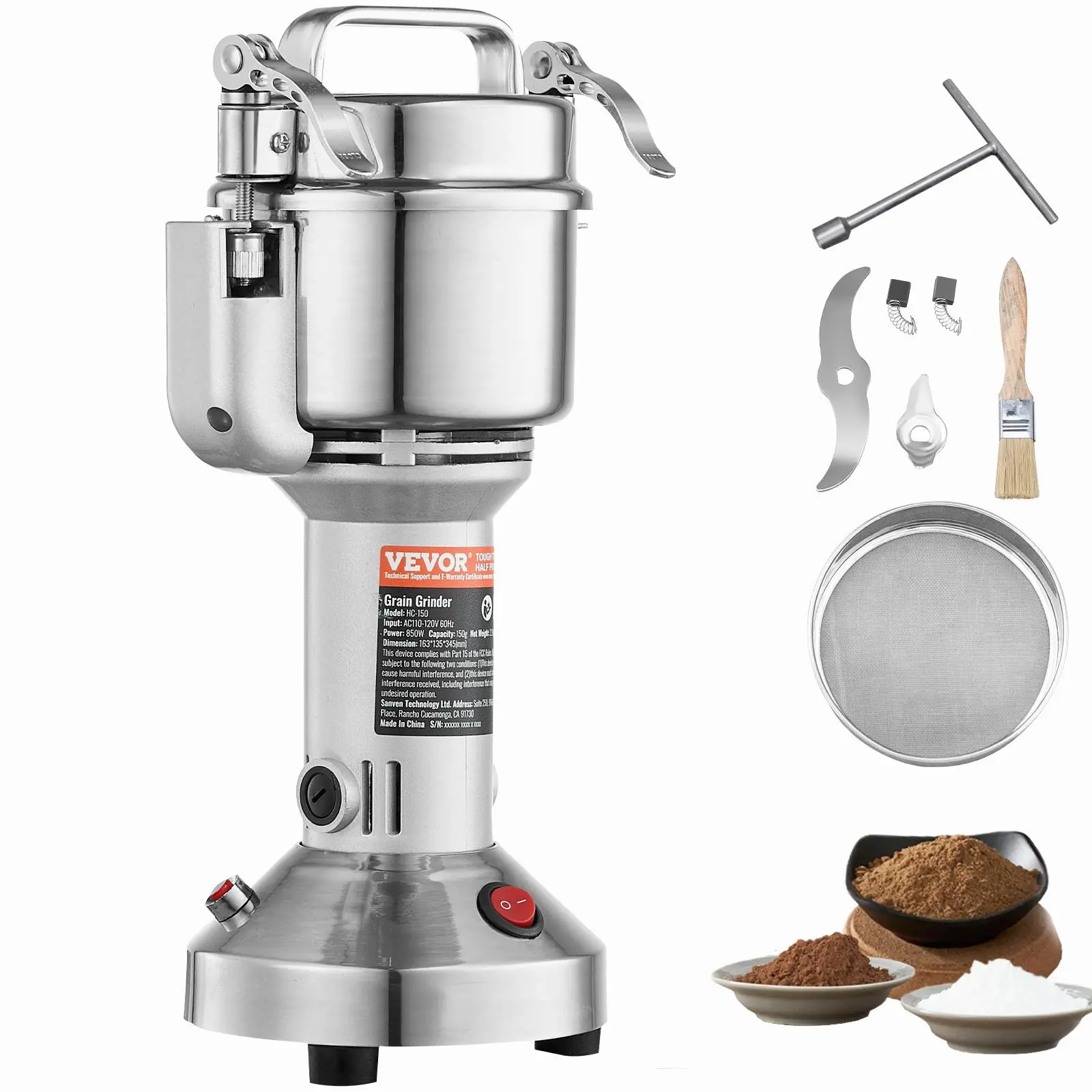 VEVOR 750g【2000W】High-Speed Grinding Electric Grain Mill Grinder, 550g/300g/150g Options, Stainless Steel Pulverizer with Auto Stop Lid, Commercial Crushing Machine for Dry Grains, Spices, Coffee, Straight Type, Hospital, Multi-Size