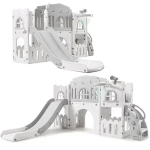 Toddler Slide 8 in 1 Toddler Playset for Toddlers Age 1-3, Baby Playset for Indoor Outdoor Playground with Climber, Crawling Tunnel, Basketball Hoop, Telescope, Toy Storage,Gray ﻿