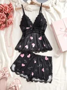 Women Solid Color Lace Trim Cami Top & Shorts Pyjama Two-piece Set, Casual Comfy Camisole & Shorts PJ Set, Women's Sleepwear for All Seasons, Lingerie