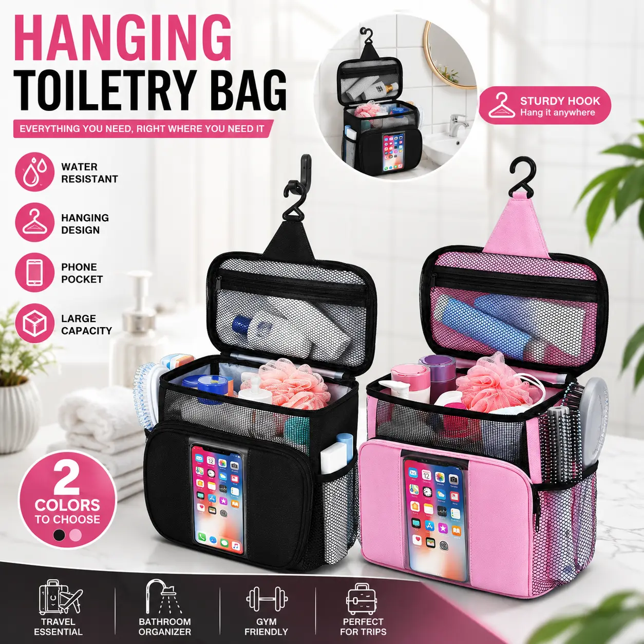 Hanging Shower Caddy for College Dorm, Portable Mesh Shower Tote Bag with Waterproof Touch Screen Phone Pocket, Large Capacity Bathroom Organizer with Hook for Dorm Room, Gym, Travel & Camping