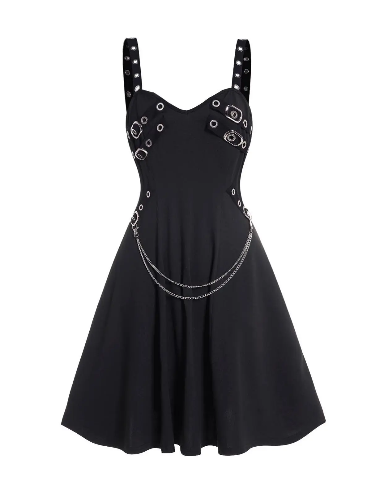 DRESSLILY 2026 Women's Gothic Dress Plain Color Dress Grommet Buckle Chain Embellishment High Waisted Sleeveless A Line Midi Dress