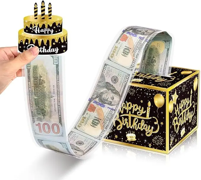 Surprise Theme Birthday Money Gift Box with DIY Stickers, Pull-Out Happy Birthday Card, 50 Transparent Bags for Any Age (Office Stationery Gift Wrapping Supplies), Includes Card