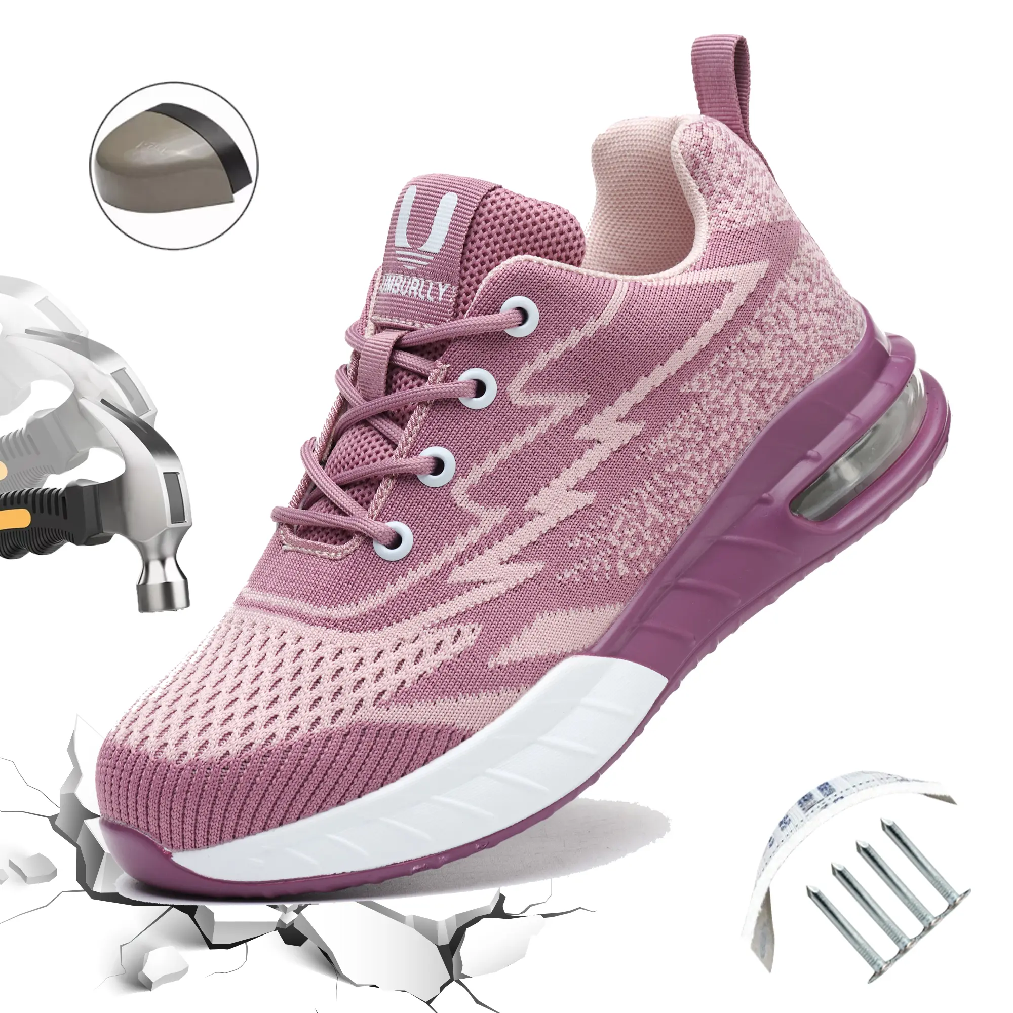 Women's Pink Impact Rated Steel-Toe Toe Cap Work & Safety Footwear, European Standard Wide Fit, Anti-Smash, Anti-Penetration Kevlar, Lightweight, Breathable, Fashionable, for Outdoor Construction, 4-Season Use