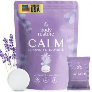 Body Restore Calm Shower Steamers - 15 Lavender Tablets for Relaxation & Stress Relief - Made in USA - Aromatherapy Gift for Peaceful Sleep Flower Friend
