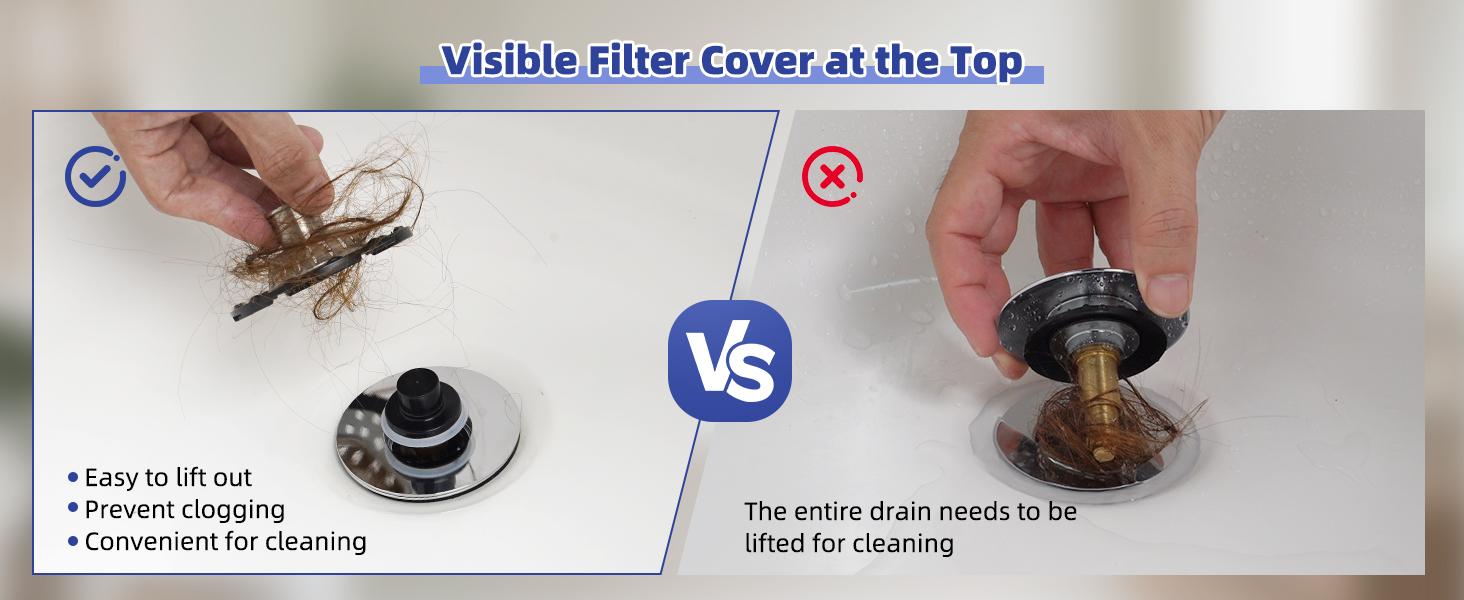 Hibbent Bathtub Drain Stopper with Visible Top Hair Catcher Innovative 3 in 1 Pop-up Bathtub Strainer Fit for Standard 1.5 to 2.4in Drain Hole with Detachable Stainless Steel Filter Basket Chrome