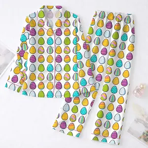 Easter Egg Pajama Set for Women, Colorful Easter Eggs Print Satin Pajamas, Cute Spring Holiday Sleepwear Set, Button Up Long Sleeve Lounge Pajamas, Easter Aesthetic Nightwear Outfit, Funny Easter Gift for Women Girls