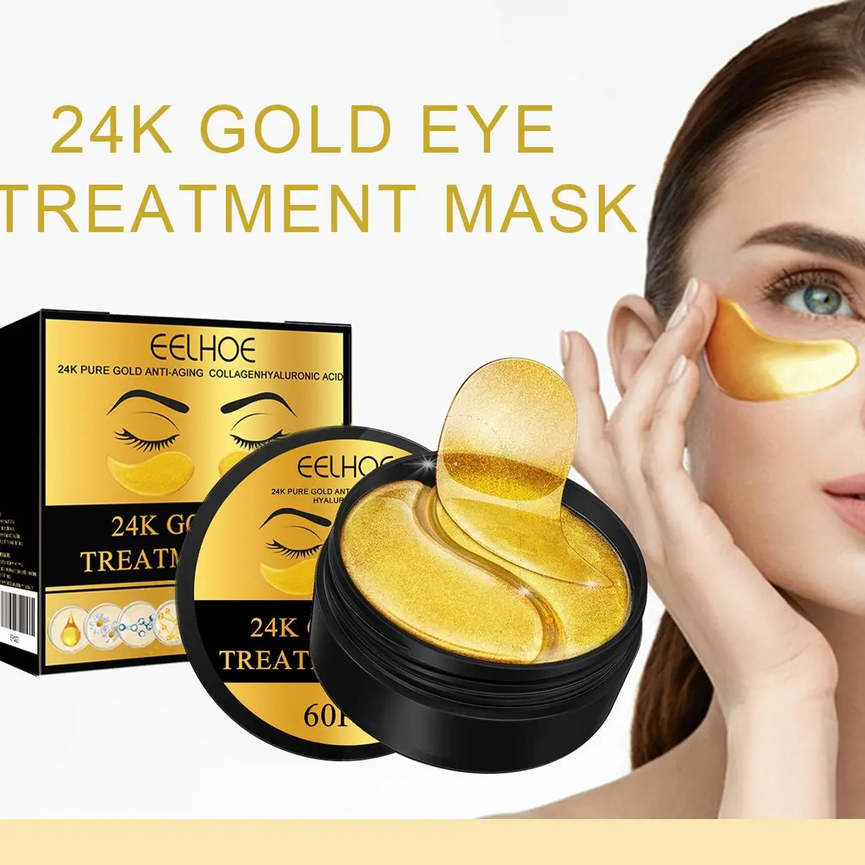 24K Gold Under Eye Patches 30 Pairs - Collagen Eye Mask for Dark Circles and Puffiness - Hyaluronic Acid Depuffing Eye Brightener Skincare #dealsforyoudays，Parches para Ojos, Anti-Wrinkle