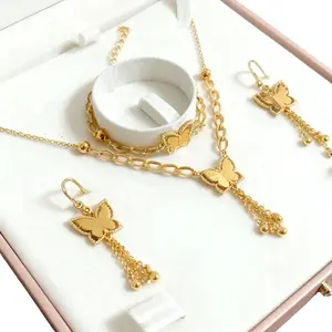 Gold-plated Three-piece Butterfly Jewelry Pendant Gift Necklace Earrings Bracelet Christmas Birthday Anniversary Romantic Gift Idea