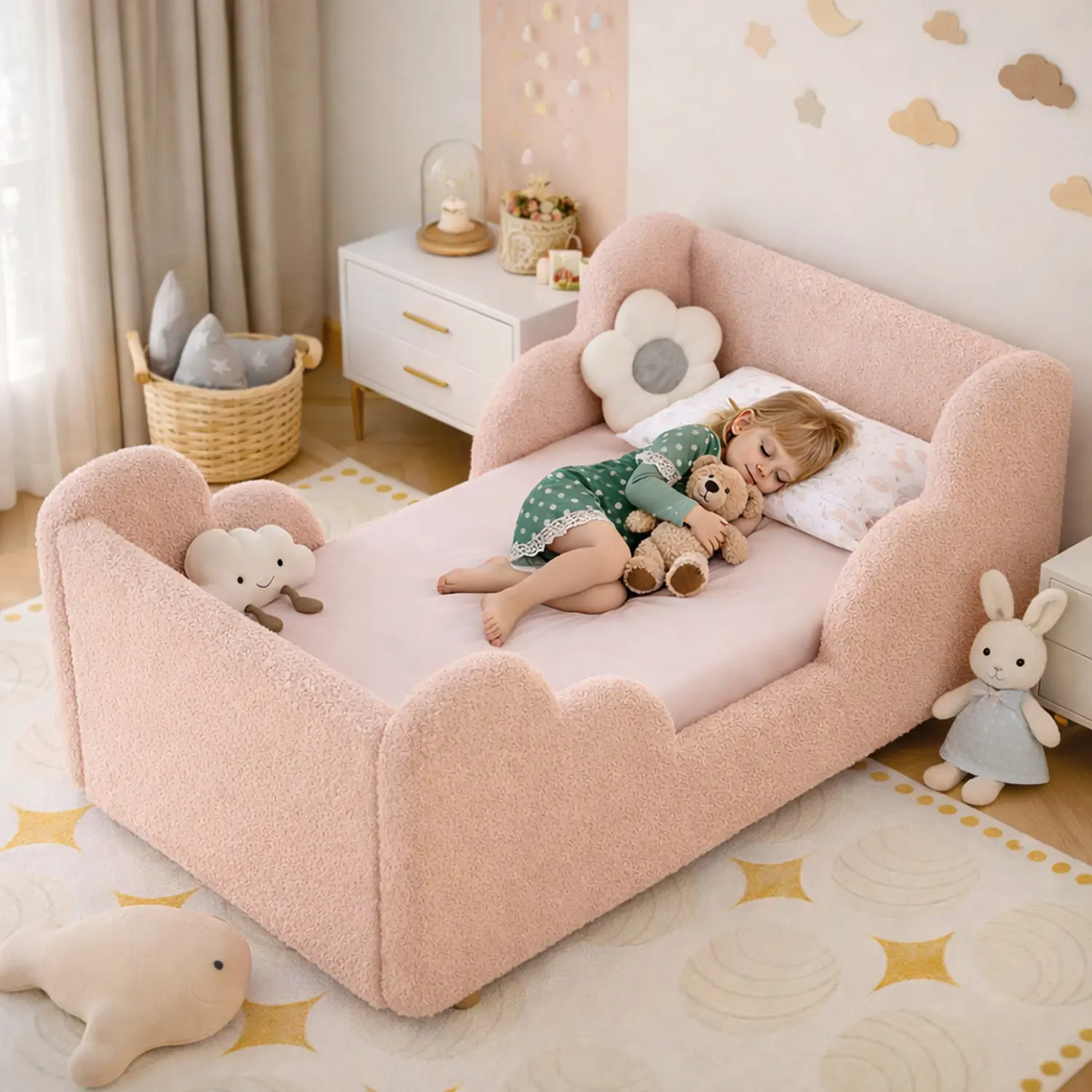 ABORON Unisex Modern Toddler Floor Bed Frame - Standard Crib Size, Fleece Soft Rails Shield Sides, Headboard, Detachable Legs Make Setup Flexible, for Ages 3-7 (No Mattress) | Back to School
