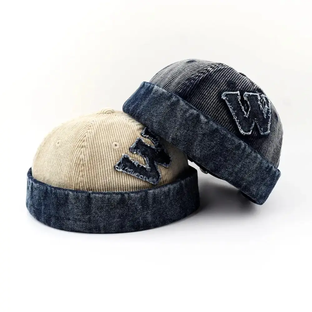 Unisex Solid Color Corduroy Brimless Caps - Soft Texture, Casual, Daily Wear, Adjustable Dome Hats with Patch Letter for Streetwear Retro Hip Hop Style