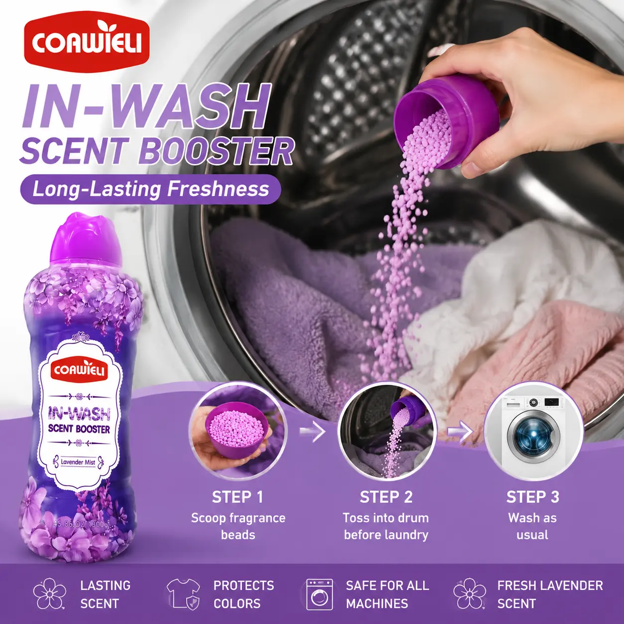 COAWIELI Fresh Lavender In-Wash Laundry Detergent Boost Solid Beads, 210G/1300G New Enhanced Formula, Safe for All Washing Machines, Protects Clothing Colors, Long-Lasting Freshness