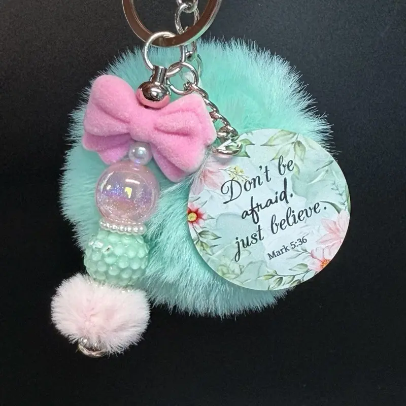 Handmade Religious Colorful Beaded Keychain for Women with Round Bible Verse Charm, Tassel & Pom-Pom for Purses, Backpacks, Bible Verses, Watercolour, Handmade Keychains, Acrylic, Beaded Charms Keychains