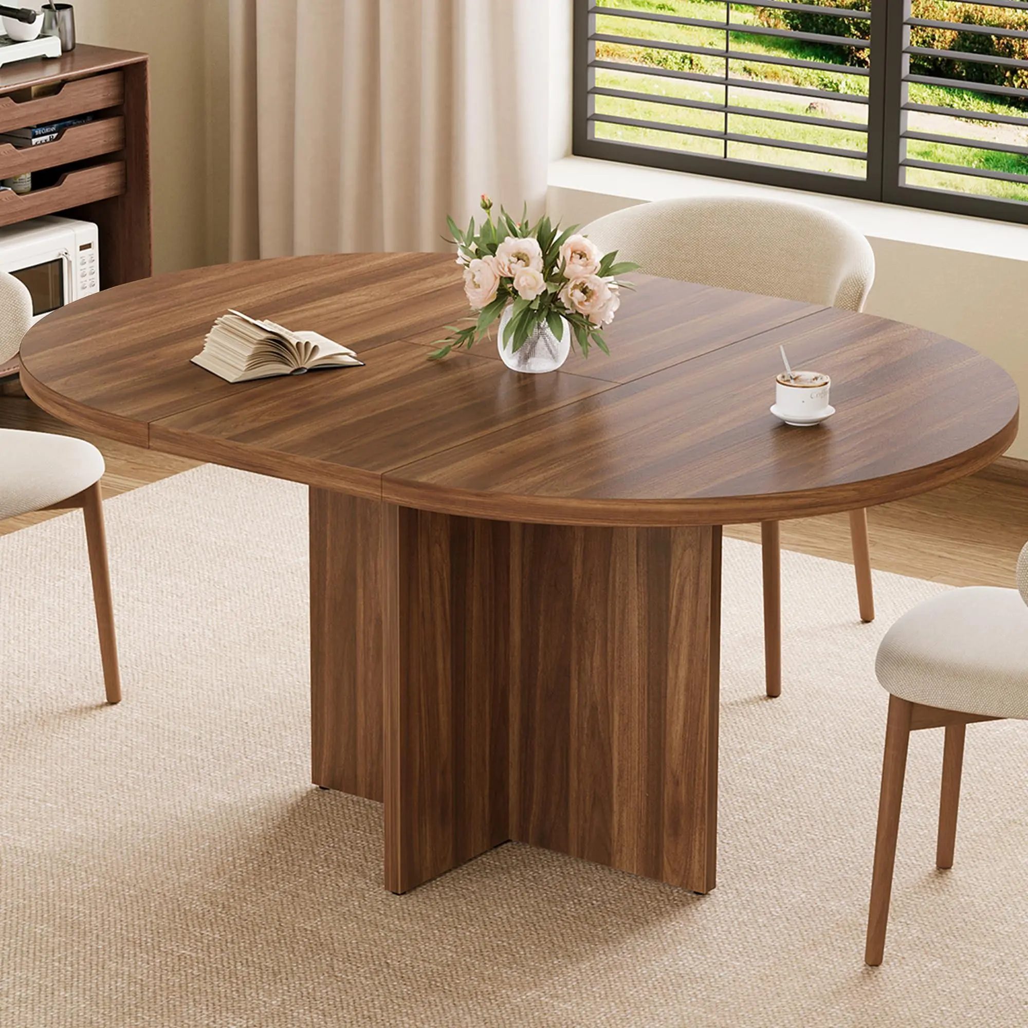 43.3''-59'' Extendable Round Dining Table for 4-8,Modern Kitchen Oval Dining Table with Removable Leaves,Dinner Table for Dining Room,Kitchen,Walnut