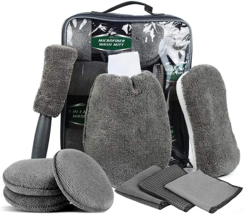 9-Piece Complete Car Care Kit - with Wash Mitt, Wax Applicator Pad, Tire Brush, Sponge & Microfiber Cloths For Interior, Exterior & Wheels Vehicle Wash Kit Detailing Products