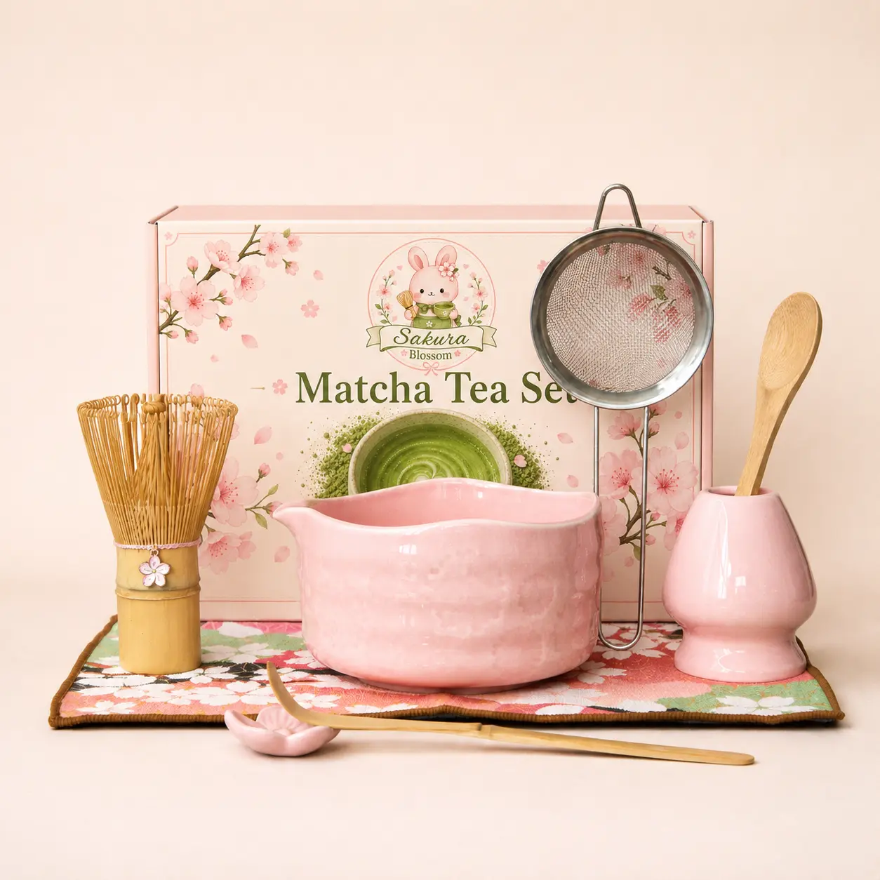Sakura Blossom 8-Piece Matcha Tea Set with Ceramic Bowl, Bamboo Whisk, Sifter, Whisk Holder, Scoops & Tea Mat