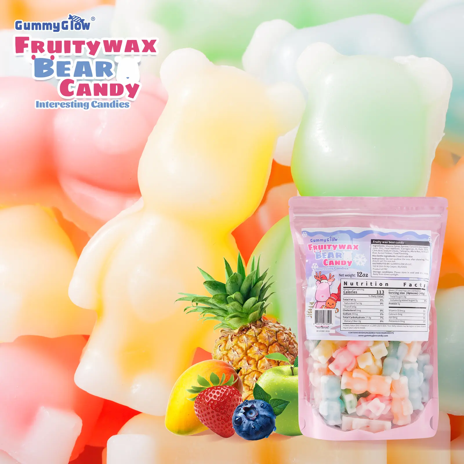 Brand New Upgrade!!! Fruity Wax Bear Candy 12oz Pack Five Flavors Wax Upgrade Bear Shape Retro Party Treats ASMR Sweet Bonbon Snack Fruitsnacks Viral Candy Wax Candy Bombs Sour Variety GummyGlow #tiktokshopbacktoschool wax candy Colorful Candies