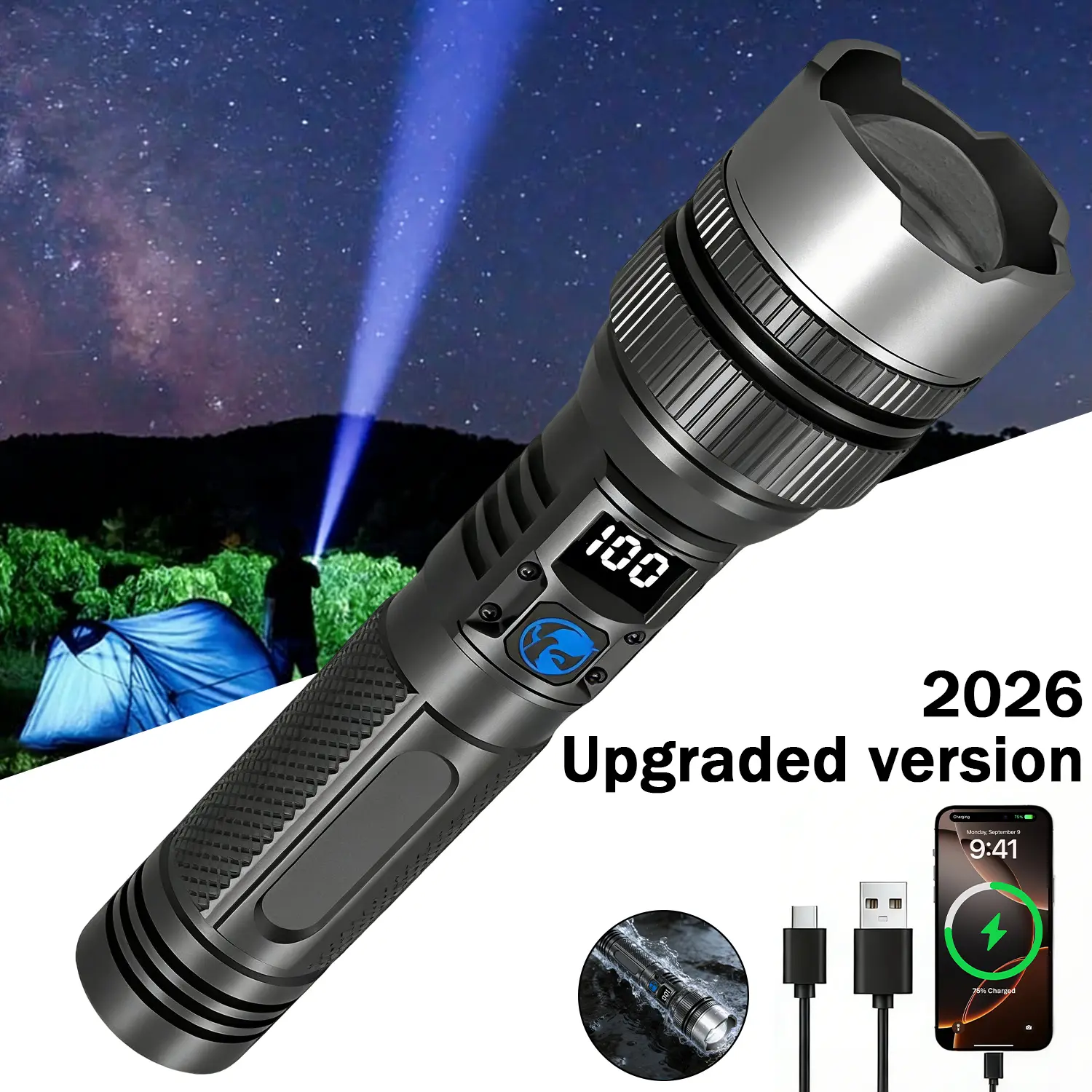 【2026 Upgraded version】2200 lumen 2-in-1 Strong Flashlight (Power Bank)，Digital display of power, Rechargeable，Zoomable,IPX6 Waterproof, Adjustable Brightness Flash Light for Outdoor, Emergency, Camping Accessories，Black DealsForYouDays
