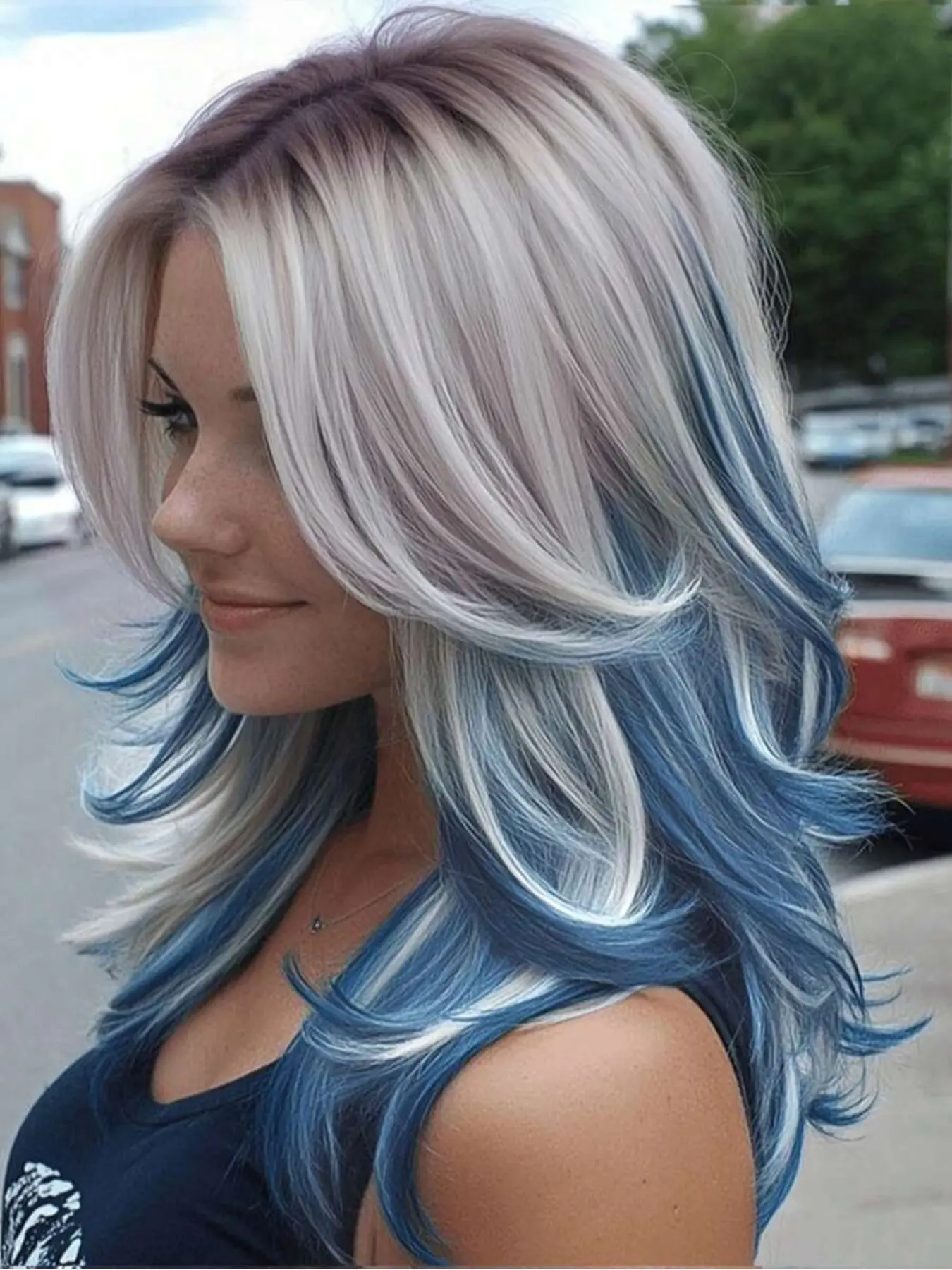 22 Inch Blue Gradient Medium Long Hair Wig with Bangs, Natural Daily Wear High Temperature Fiber Synthetic Wig for Women, Straight Wig, Straight Synthetic Wigs