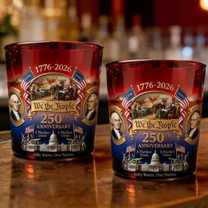 U.S. 250th Anniversary Commemorative Whiskey Decanter Bottle with Liberty Bell Stopper, “we the People” 1776-2026, Glass, Amber Brown, (wine glass-2PCS)