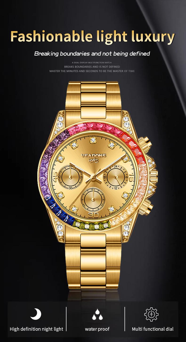 VEADONS Men's Business Fashion Rhinestone Decorated AnalogQuartz Watch Rainbow Crystal Chronograph Quartz Movement Luminous Date WaterResistant for Party Daily Wear Birthday Gift with Box VEADONS Men's Business Fashion Rhinestone Decorated AnalogQuartz Watch Rainbow Crystal Chronograph Quartz Movement Luminous Date WaterResistant for Party Daily Wear Birthday Gift with Box