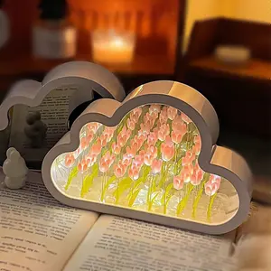 DIY Cloud Tulip Mirror Night Light, Tulip Lamp Night Light with Mirror, Assembled Artificial Flower Lamp Table Light Bedroom Decoration Gift for Women Girlfriend Sisters Desk Table Decor, Cloud Design Creative Home Decoration, Room Decor for Teen Girls