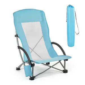 VEVOR Folding Beach Chair, High Back Camping Chairs for Adults, with Cup Pocket, Mesh Back, Carry Bag, Portable Extra Wide Seat Chair 330 lbs Heavy Duty Support, for Outdoor, Camp, Light Blue
