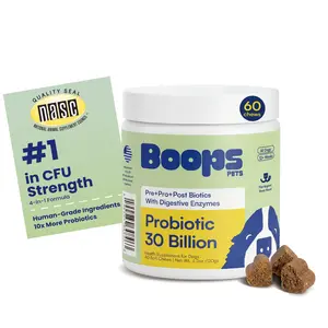 Boops Pets Probiotic 30 Billion for Dogs – 30 Billion CFU with Pre, Postbiotics & Digestive Enzymes – Supports Gut Health, Immunity, Loose Stools & Allergies – Filet Mignon Flavor – Vet Formulated – 60 Chews