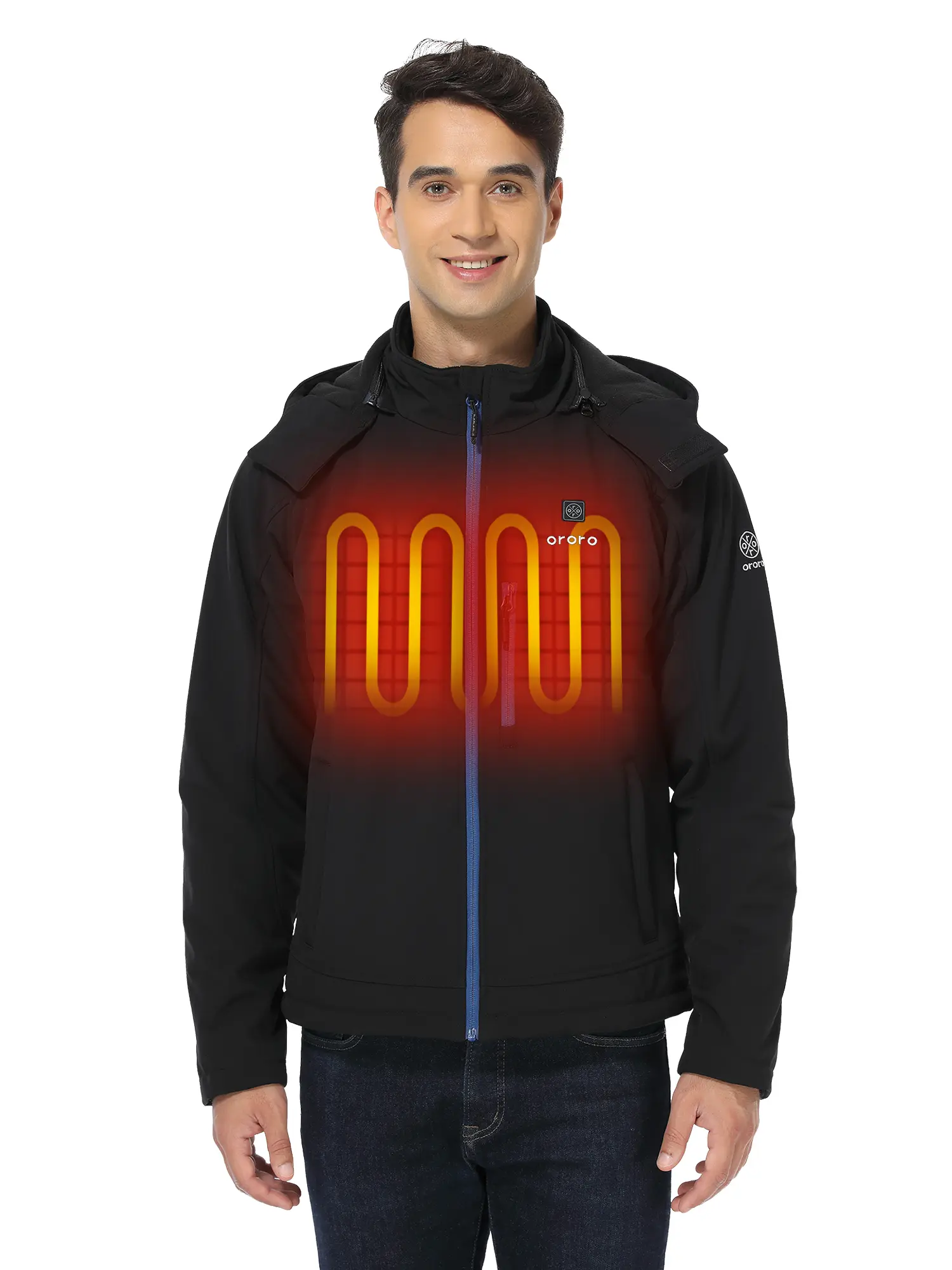 Ororo Men's Fitted Long Sleeve Soft Shell Heated Jacket - Detachable Hood (Hood On or Off), 3 Heating Zones, Drawstring, Battery Pack Included, Water & Wind Resistant, Large Inner Pocket, Outdoor Sports Outerwear Coat, Heat Control
