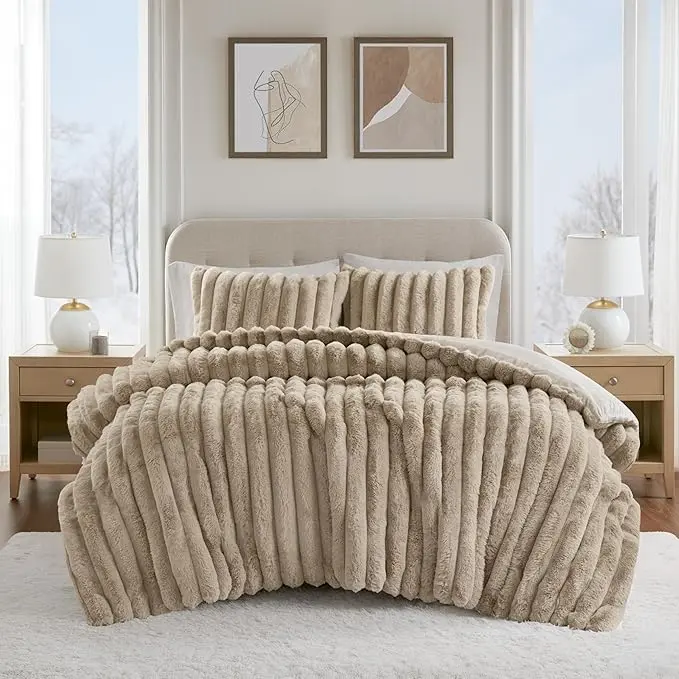 Madison Park Queen Size 3-Piece Bedding Set - Ultrasoft Ribbed Fluffy Bed Cover Set, Reversible Crystal Velvet, All-Seasons Home Decor with Reversible Use & Soft Luxe Vibes