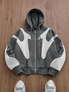 Oversized loose-fit patchwork color-block cotton blend hoodie, soft full-zip jacket, Y2K American minimalist streetwear for commuting, easy care wear Stylish Menswear