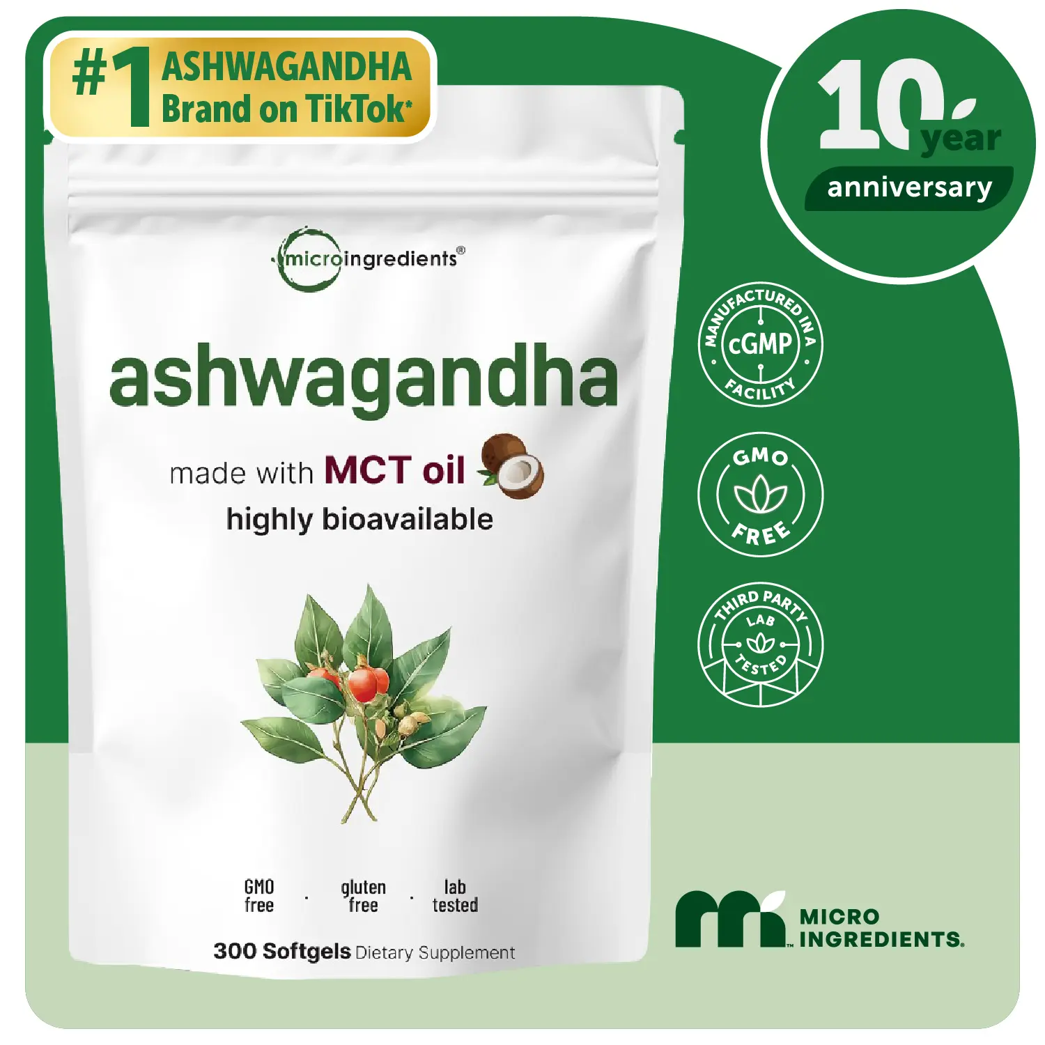 Micro Ingredients Ashwagandha + Black Pepper Extract with MCT Oil Softgels