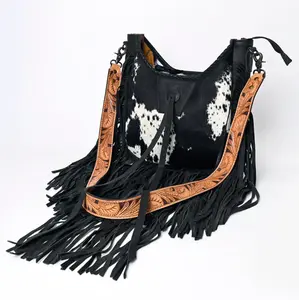 American Darling Western Leather Hobo Bag with Hair-On Cowhide and Hand Tooled Strap