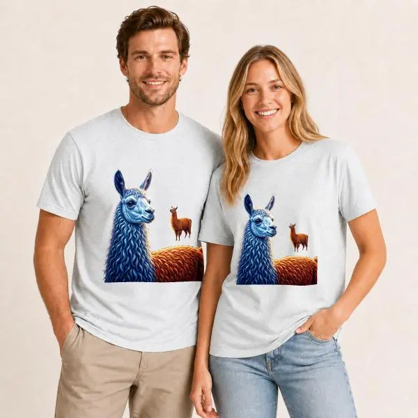 CARPESUN, Funny Animal Style, Short Sleeve T-Shirt, Blue Alpaca And Llama Graphic Print, Soft Cotton Blend Fabric, Unisex Casual Daily Wear, Single Pack